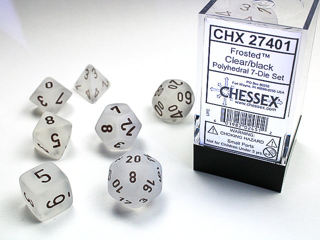 CHX27401 - Chessex: Frosted Clear/black Polyhedral 7-Dice Set