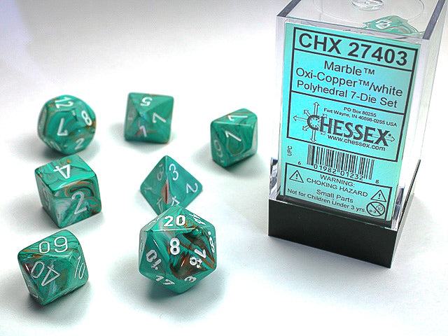 CHX27403 - Chessex: Marble Oxi-Copper/white Polyhedral 7-Dice Set