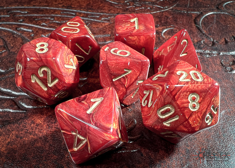 CHX27414 - Chessex: Scarab Scarlet/gold Polyhedral 7-Dice Set