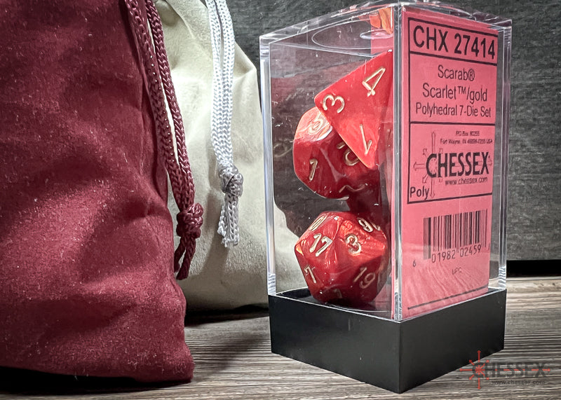 CHX27414 - Chessex: Scarab Scarlet/gold Polyhedral 7-Dice Set