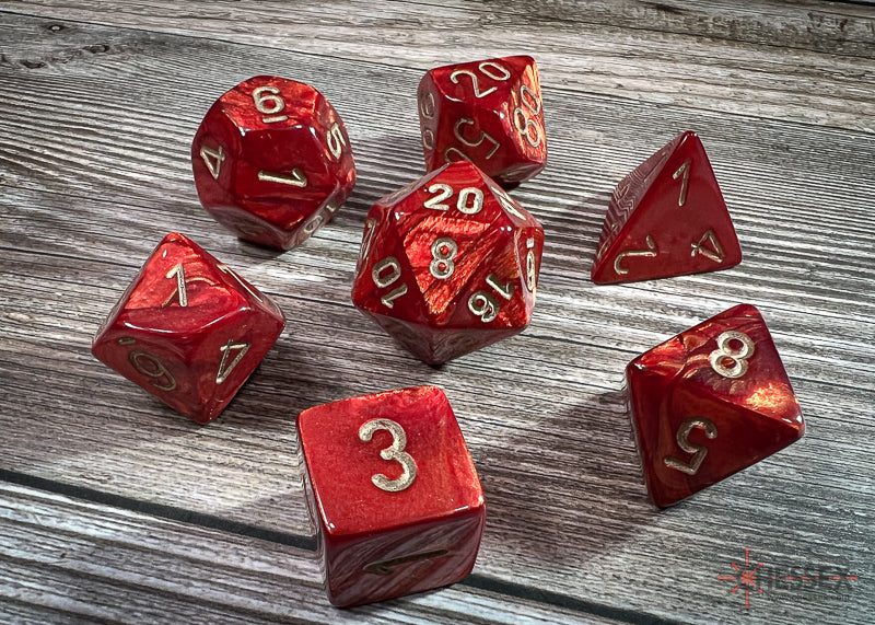 CHX27414 - Chessex: Scarab Scarlet/gold Polyhedral 7-Dice Set