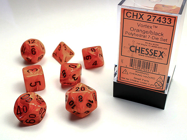CHX27433 - Chessex: Vortex Orange/black Polyhedral 7-Dice Set