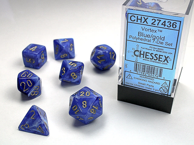 CHX27436 - Chessex: Vortex Blue/gold Polyhedral 7-Dice Set