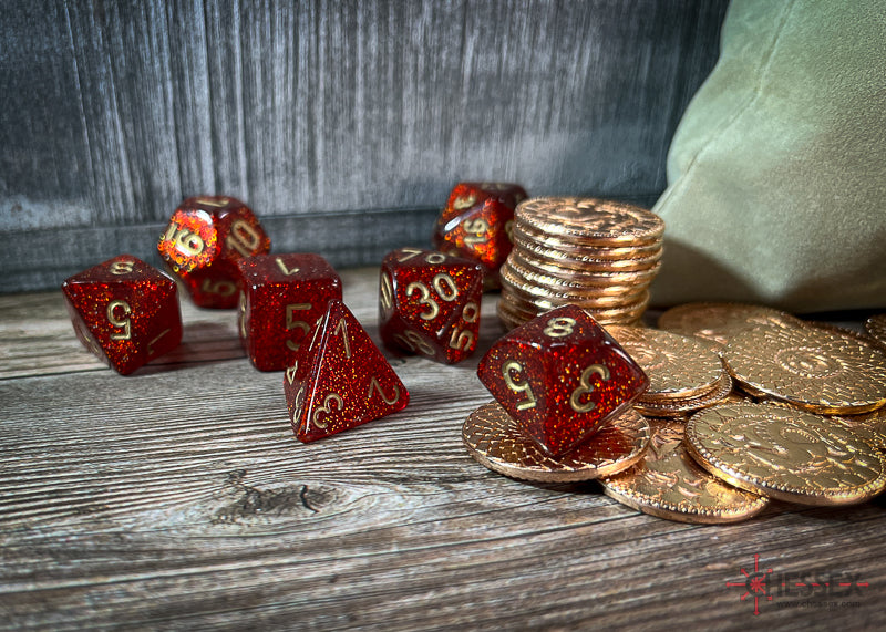 CHX27504 - Chessex: Glitter Ruby/gold Polyhedral 7-Dice Set