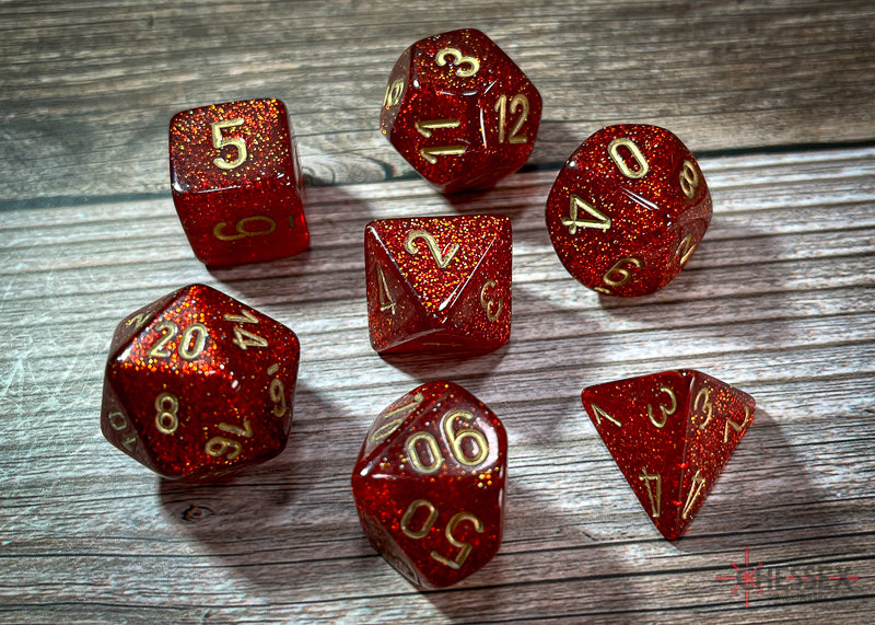 CHX27504 - Chessex: Glitter Ruby/gold Polyhedral 7-Dice Set