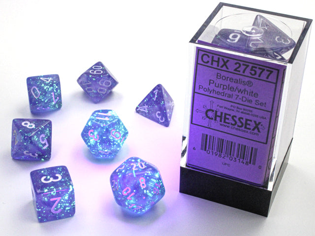 CHX27577 - Chessex: Borealis Purple/white Luminary Polyhedral 7-Dice Set
