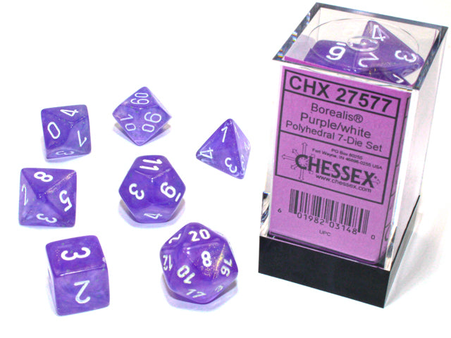 CHX27577 - Chessex: Borealis Purple/white Luminary Polyhedral 7-Dice Set