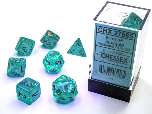 CHX27585 - Chessex: Borealis Teal/gold Luminary Polyhedral 7-Dice Set