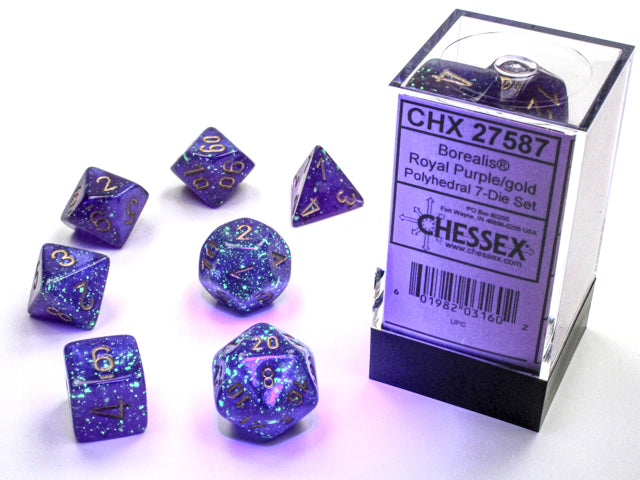 CHX27587 - Chessex: Borealis Royal Purple/gold Luminary Polyhedral 7-Dice Set
