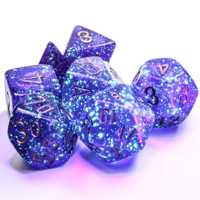 CHX27587 - Chessex: Borealis Royal Purple/gold Luminary Polyhedral 7-Dice Set