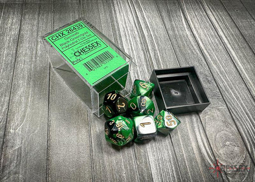 CHX26439 - Chessex: Gemini Black-Green/gold Polyhedral 7-Dice Set