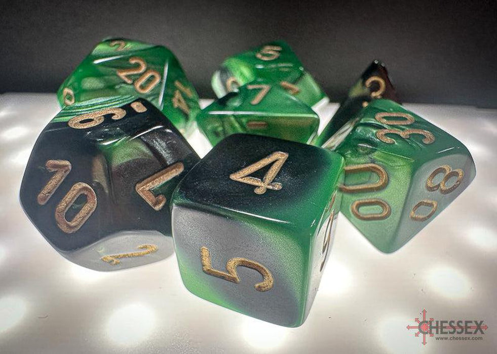CHX26439 - Chessex: Gemini Black-Green/gold Polyhedral 7-Dice Set