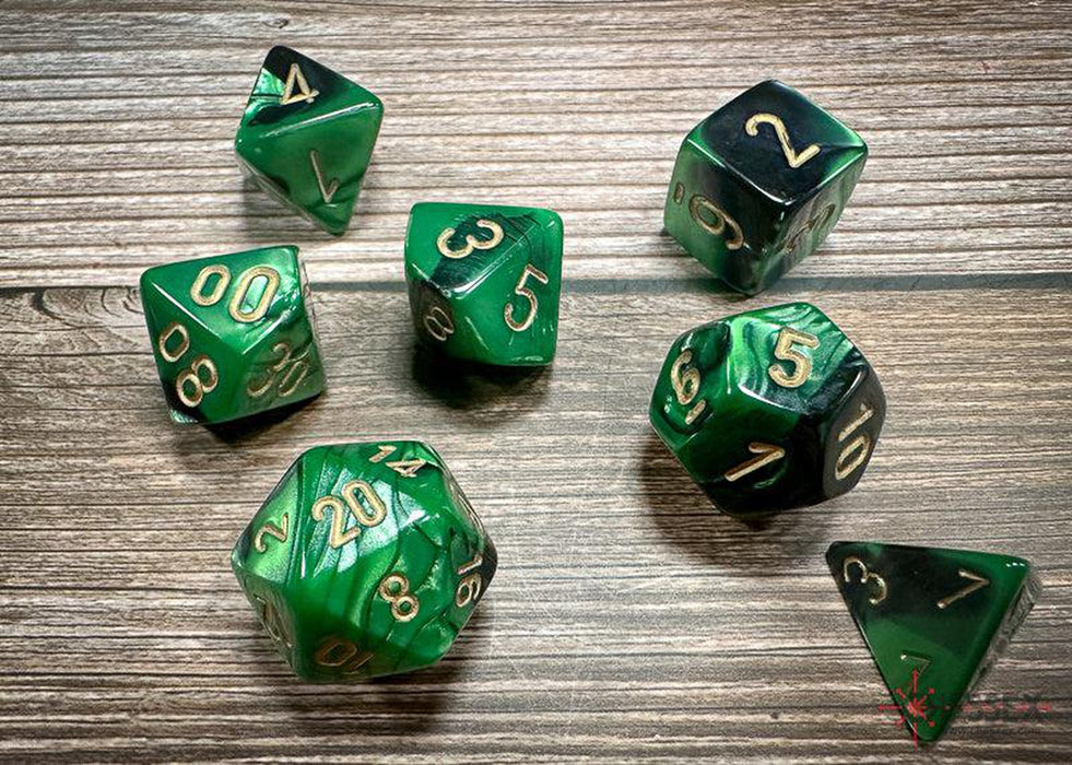 CHX26439 - Chessex: Gemini Black-Green/gold Polyhedral 7-Dice Set