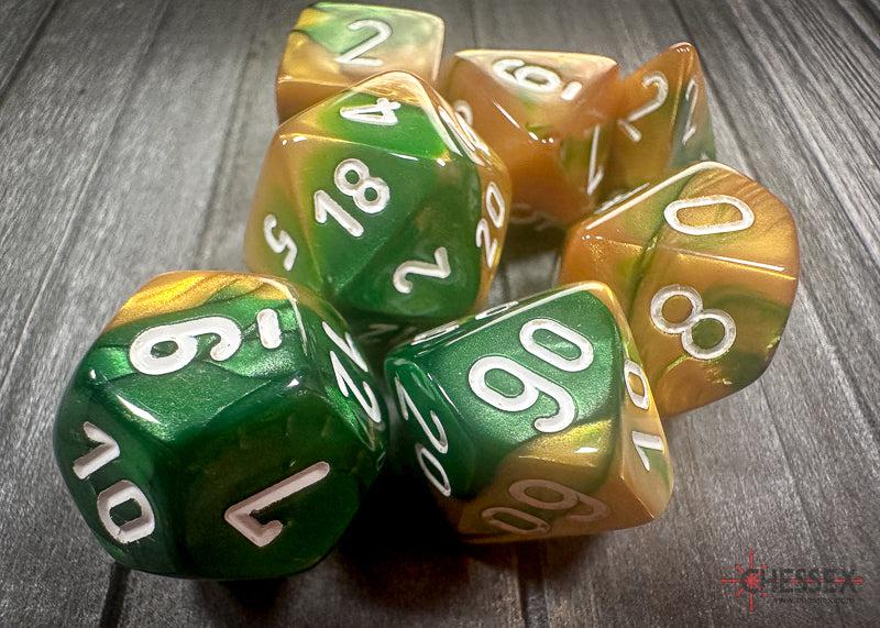 CHX26425 - Chessex: Gemini Gold-Green/white Polyhedral 7-Dice Set