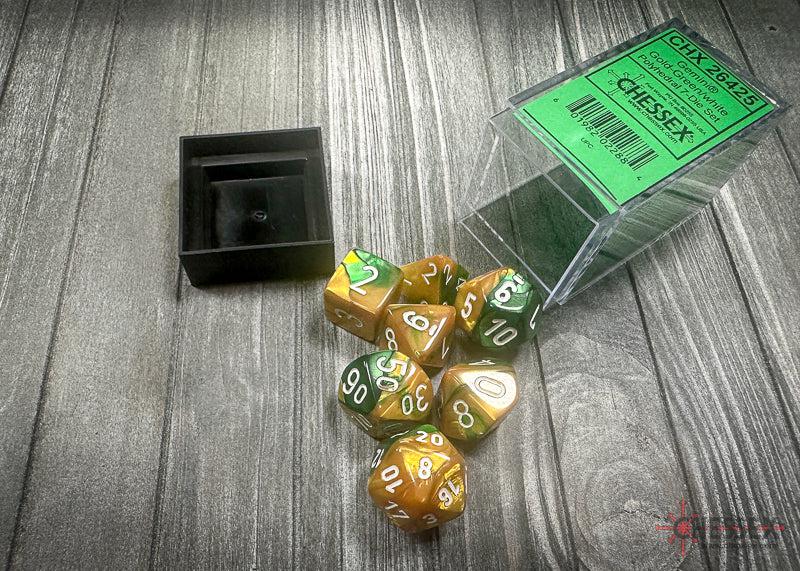 CHX26425 - Chessex: Gemini Gold-Green/white Polyhedral 7-Dice Set