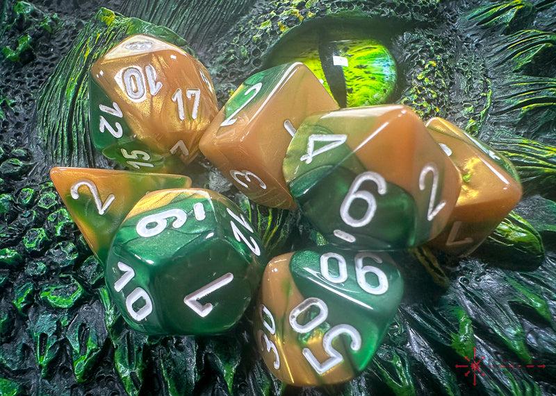 CHX26425 - Chessex: Gemini Gold-Green/white Polyhedral 7-Dice Set