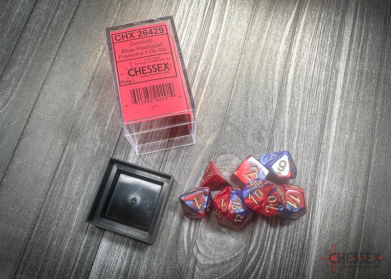 CHX26429 - Chessex: Gemini Blue-Red/gold Polyhedral 7-Dice Set