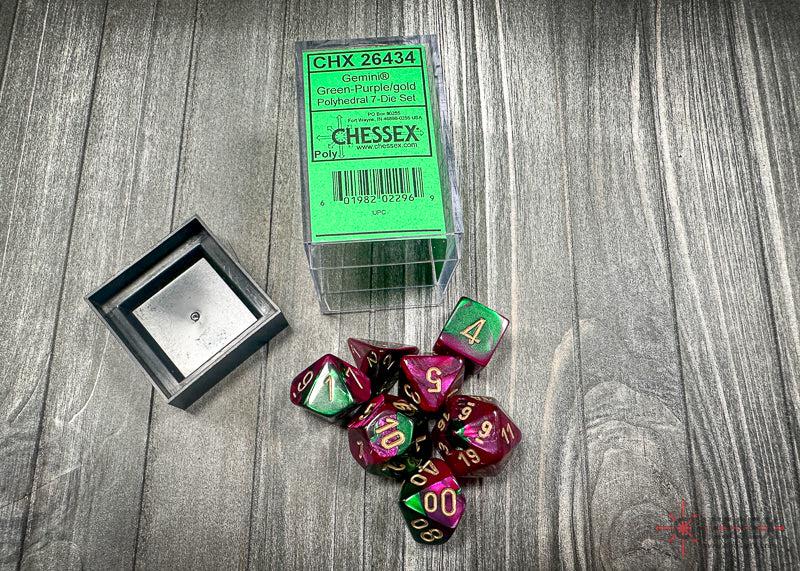 CHX26434 - Chessex: Gemini Green-Purple/gold Polyhedral 7-Dice Set