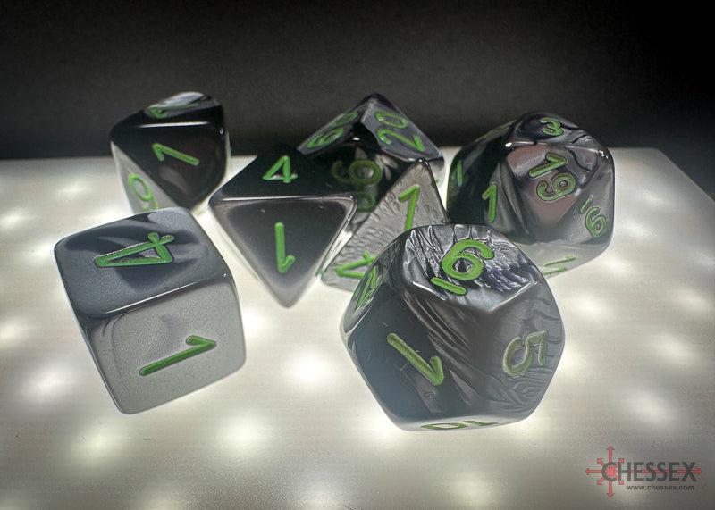 CHX26445 - Chessex: Gemini Black-Grey/green Polyhedral 7-Dice Set