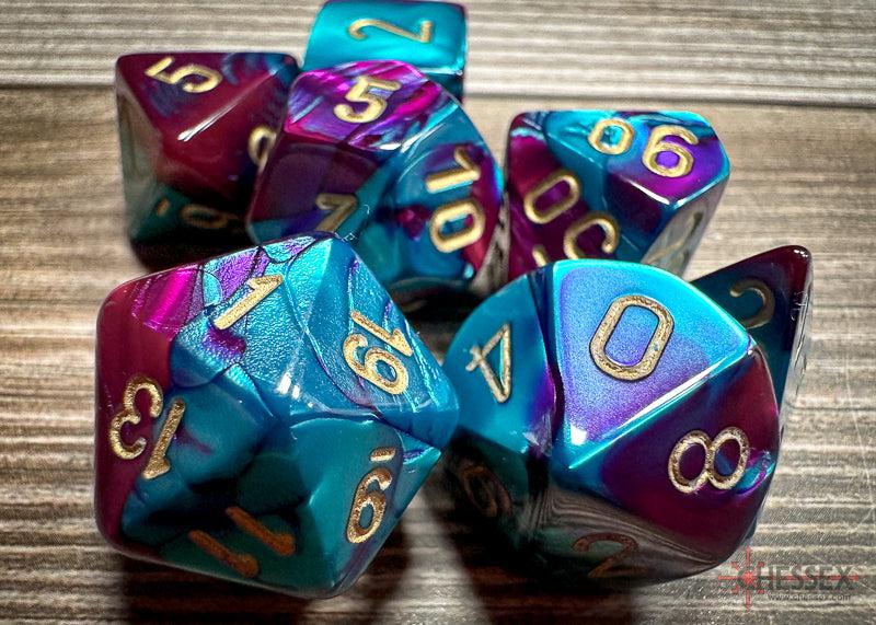 CHX26449 - Chessex: Gemini Purple-Teal/gold Polyhedral 7-Dice Set