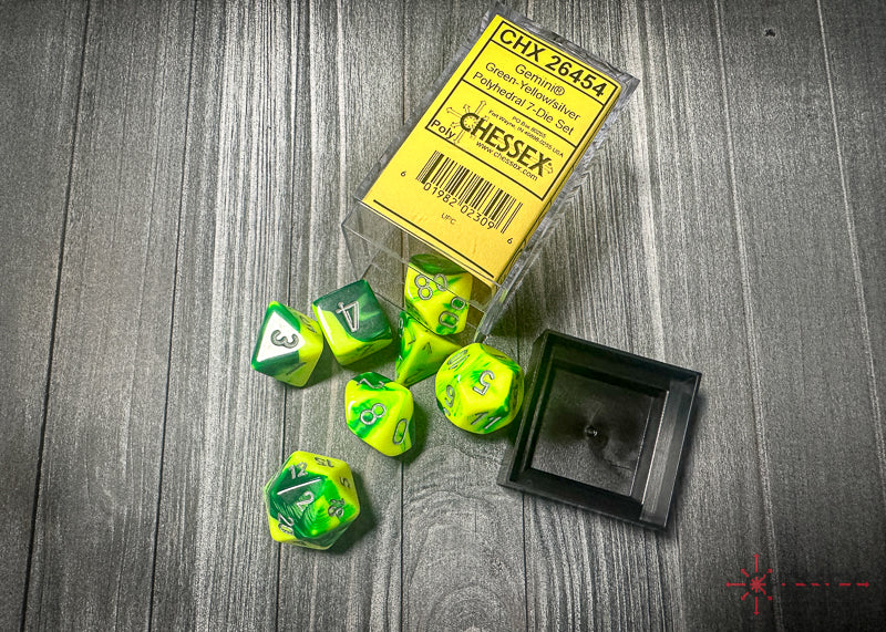 CHX26454 - Chessex: Gemini Green-Yellow/silver Polyhedral 7-Dice Set