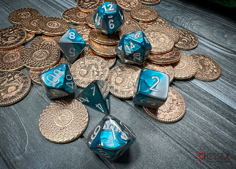 CHX26456 - Chessex: Gemini Steel-Teal/white Polyhedral 7-Dice Set