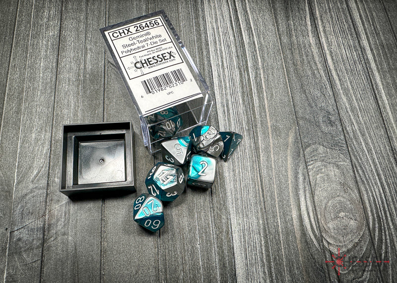 CHX26456 - Chessex: Gemini Steel-Teal/white Polyhedral 7-Dice Set