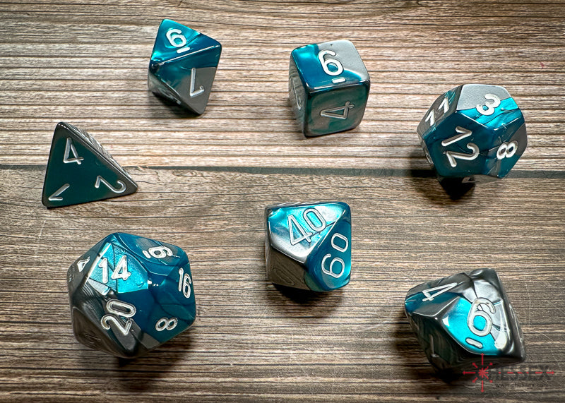 CHX26456 - Chessex: Gemini Steel-Teal/white Polyhedral 7-Dice Set