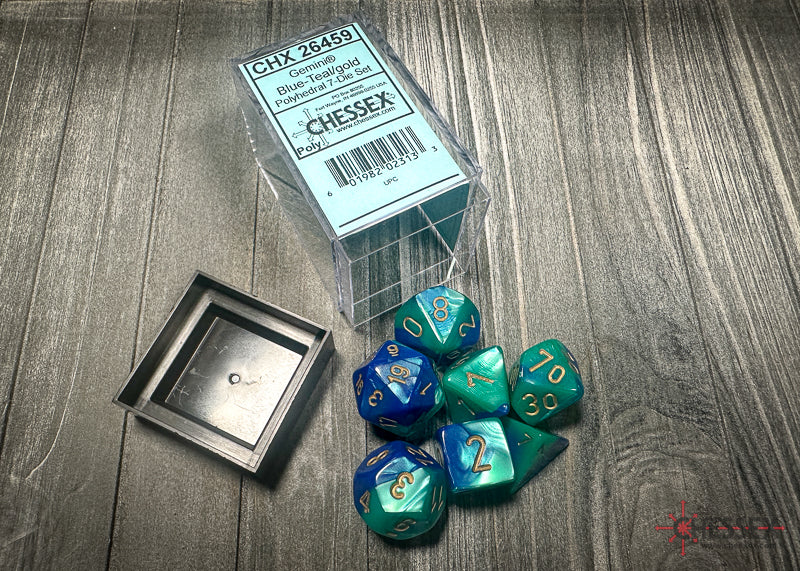 CHX26459 - Chessex: Gemini Blue-Teal/gold Polyhedral 7-Dice Set