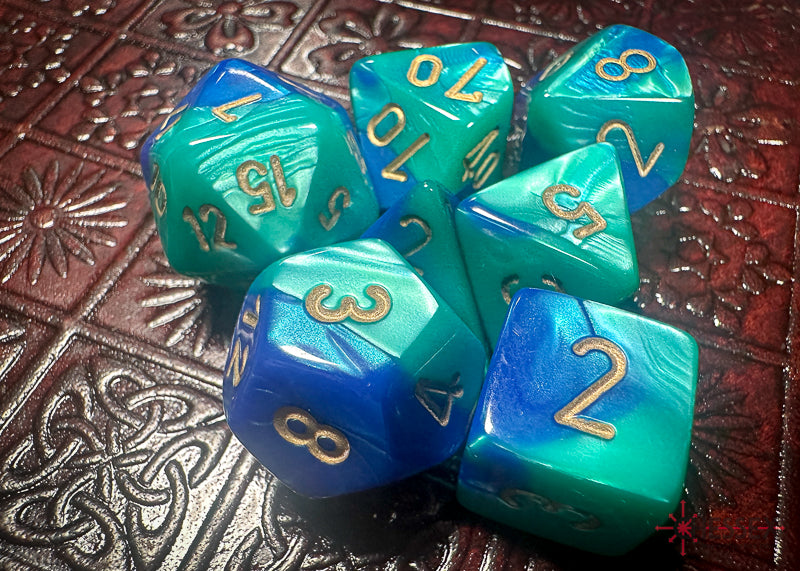 CHX26459 - Chessex: Gemini Blue-Teal/gold Polyhedral 7-Dice Set