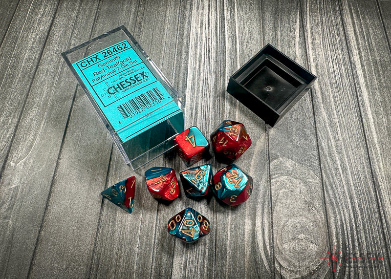 CHX26462 - Chessex: Gemini Red-Teal/gold Polyhedral 7-Dice Set