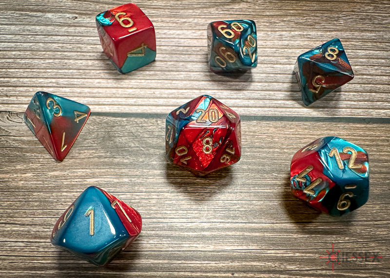 CHX26462 - Chessex: Gemini Red-Teal/gold Polyhedral 7-Dice Set