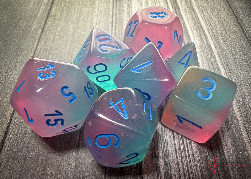 CHX26464 - Chessex: Gemini Gel Green-Pink/blue Luminary Polyhedral 7-Dice Set