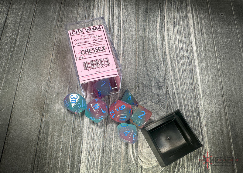 CHX26464 - Chessex: Gemini Gel Green-Pink/blue Luminary Polyhedral 7-Dice Set