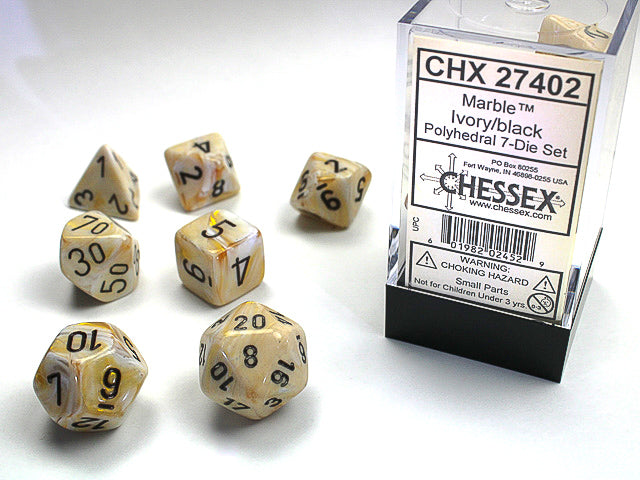 CHX27402 - Chessex: Marble Ivory/black Polyhedral 7-Dice Set