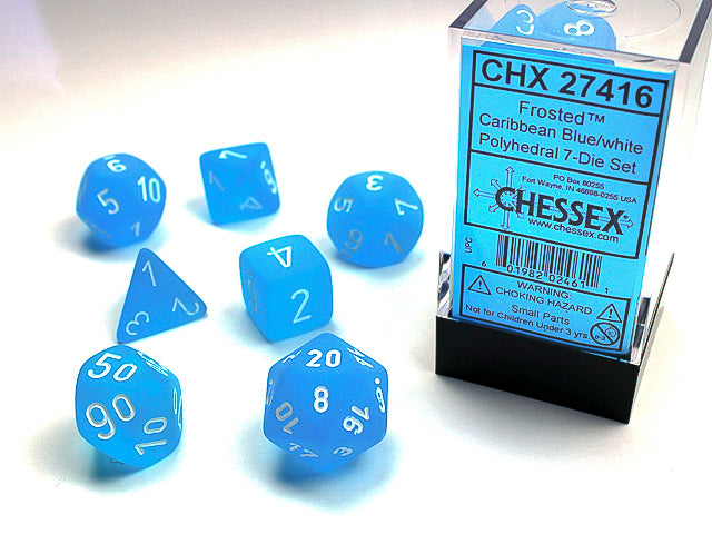 CHX27416 - Chessex: Frosted Caribbean Blue/white Polyhedral 7-Dice Set