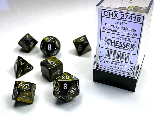 CHX27418 - Chessex: Leaf Black Gold/silver Polyhedral 7-Dice Set