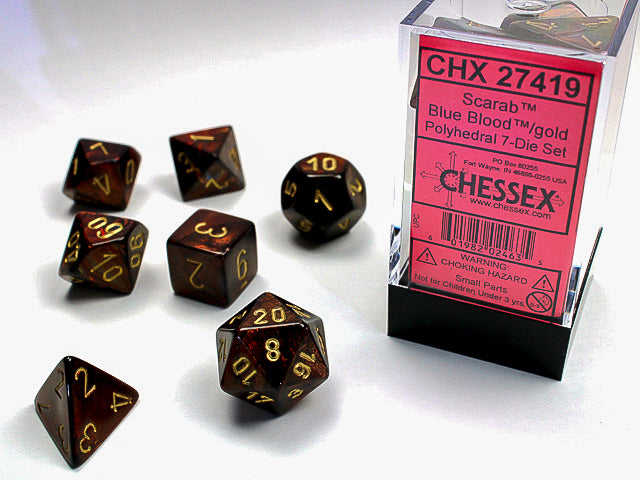 CHX27419 - Chessex: Scarab Blue Blood/gold Polyhedral 7-Dice Set