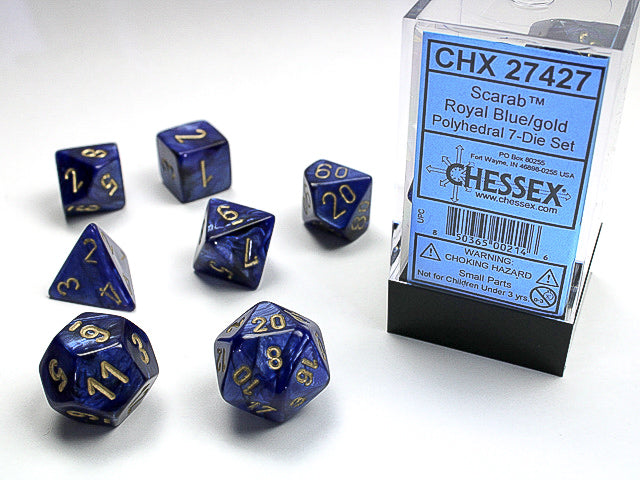 CHX27427 - Chessex: Scarab Royal Blue/gold Polyhedral 7-Dice Set