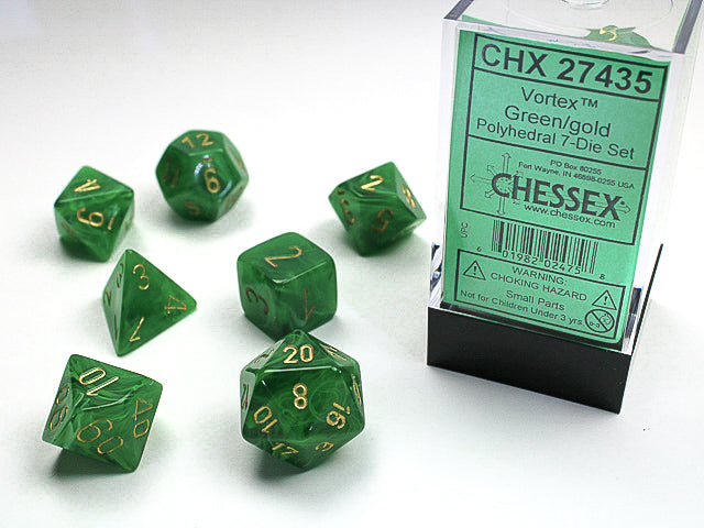 CHX27435 - Chessex: Vortex Green/gold Polyhedral 7-Dice Set