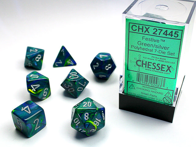 CHX27445 - Chessex: Festive Green/silver Polyhedral 7-Dice Set