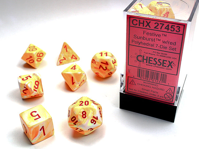 CHX27453 - Chessex: Festive Sunburst/red Polyhedral 7-Dice Set