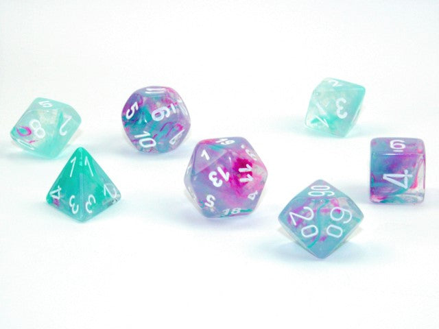 CHX27545 - Chessex: Nebula Wisteria/white Luminary Polyhedral 7-Dice Set