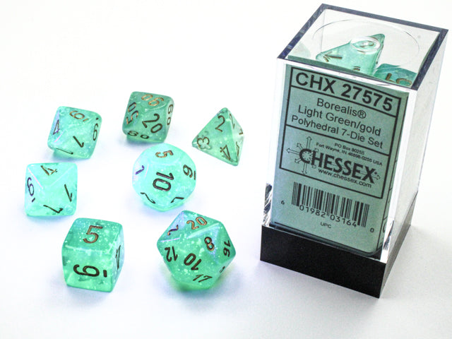 CHX27575 - Chessex: Borealis Light Green/gold Luminary Polyhedral 7-Dice Set