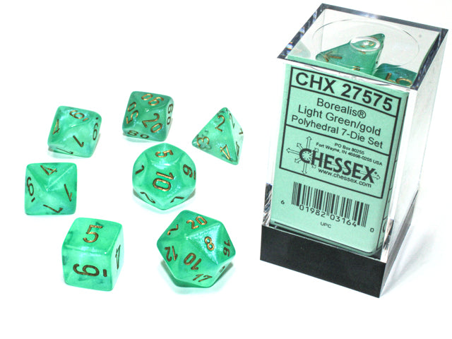 CHX27575 - Chessex: Borealis Light Green/gold Luminary Polyhedral 7-Dice Set