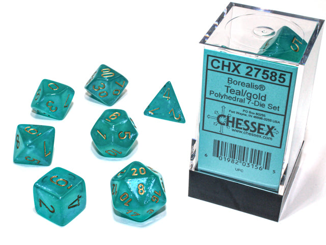 CHX27585 - Chessex: Borealis Teal/gold Luminary Polyhedral 7-Dice Set