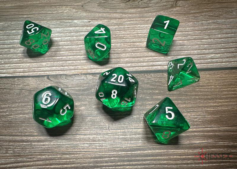 CHX23075 - Chessex: Translucent Green/white Polyhedral 7-Dice Set