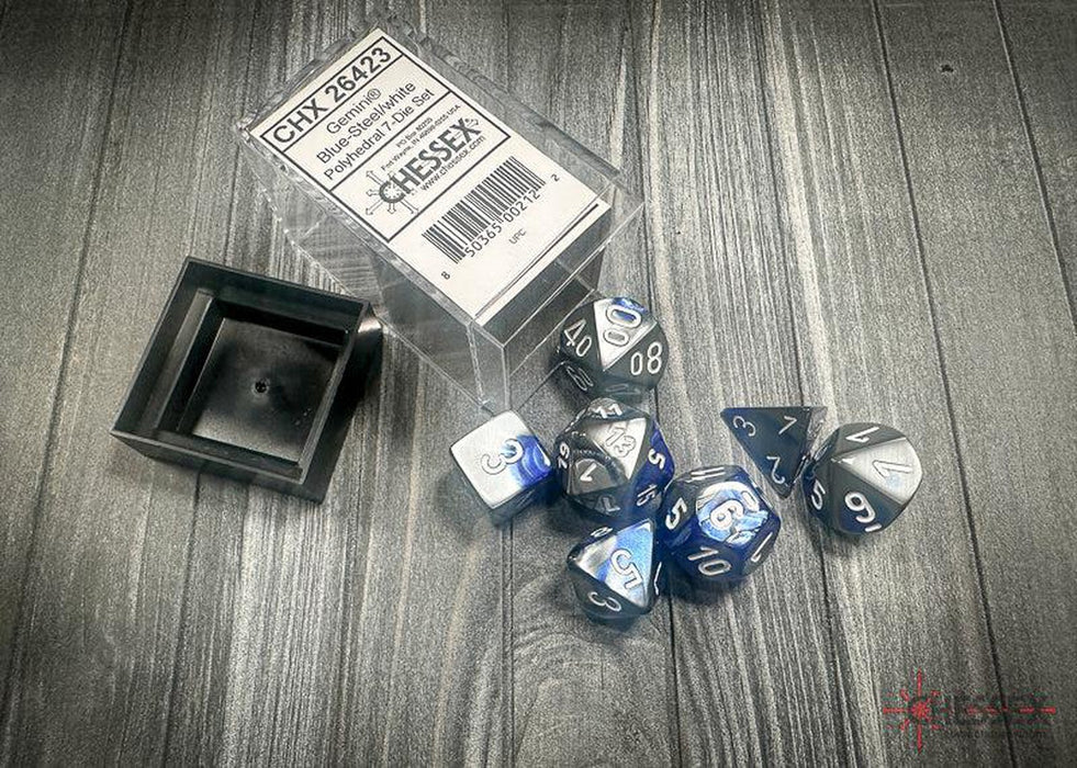 CHX26423 - Chessex: Gemini Blue-Steel/white Polyhedral 7-Dice Set