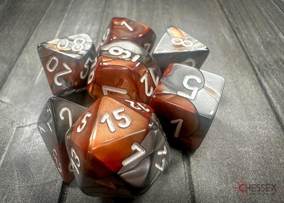 CHX26424 - Chessex: Gemini Copper-Steel/white Polyhedral 7-Dice Set