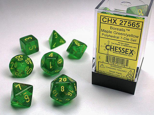 CHX27565 - Chessex: Borealis Maple Green/yellow Polyhedral 7-Dice Set